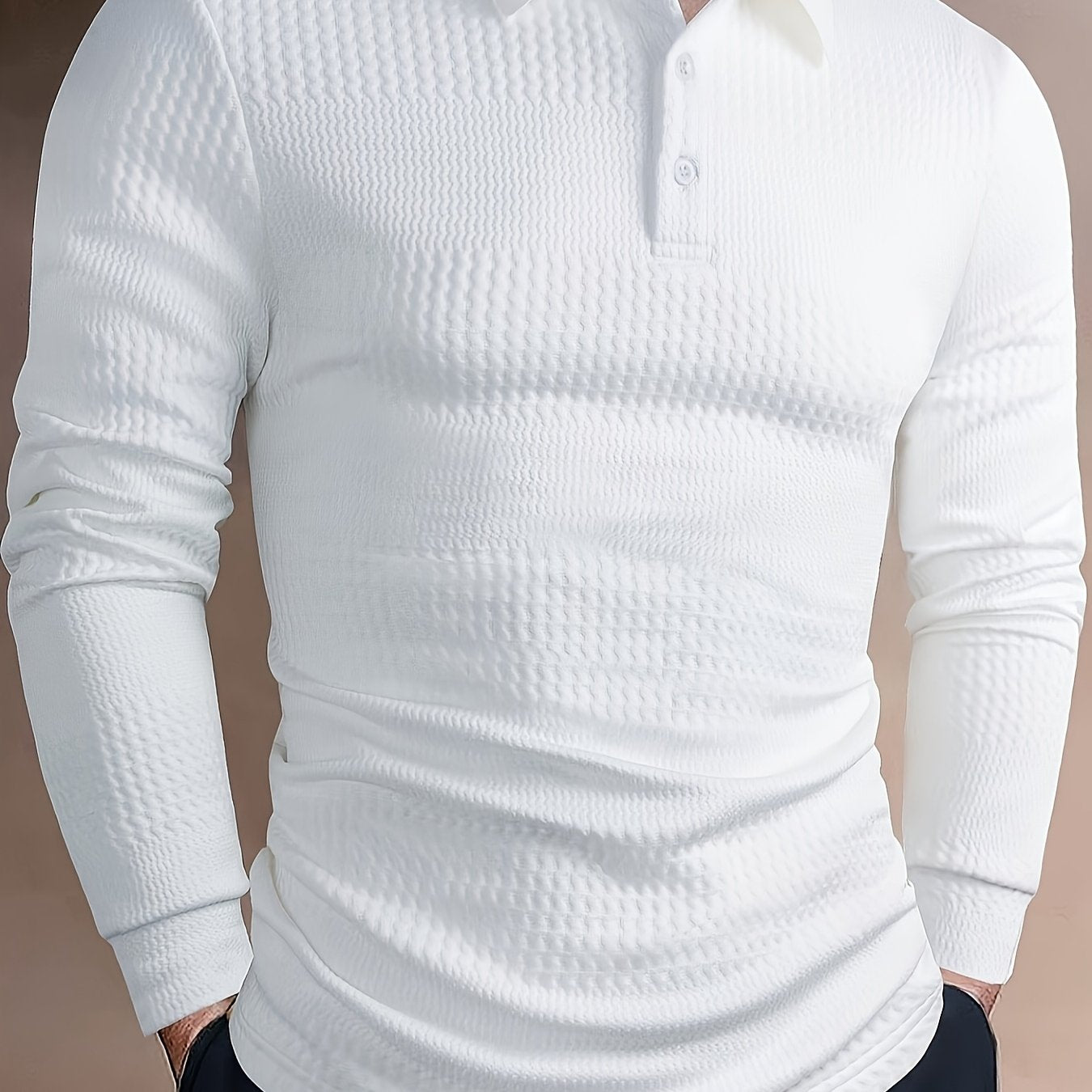 Men's Fashion Shirt - Long Sleeve, Jacquard Fabric, Vertical Rib Detail, Casual Fitness Style, 100% Polyester, Ideal for Spring and Autumn