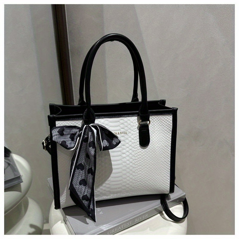 Sac à main grande capacité pour femmes – design bicolore noir et blanc, détails en chaîne et nœud