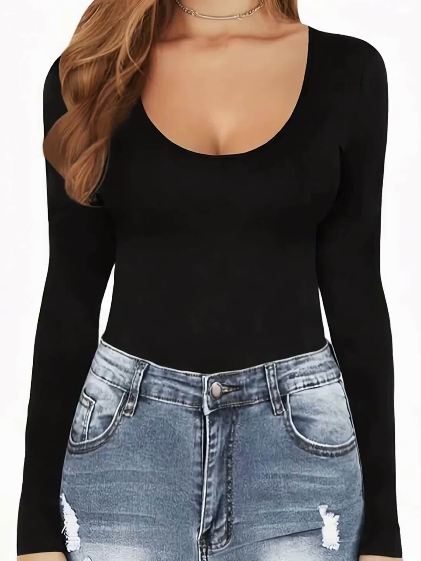 Lot de 2 bodys femme à manches longues couleur unie col rond en tissu tricoté lavable à la main