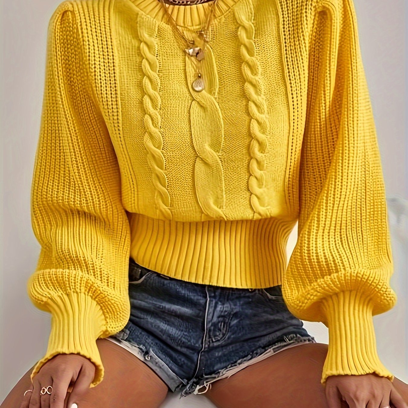 Pull Femme en Maille Acrylique – Col Rond, Couleur Unie avec Détail Volant, Automne/Hiver