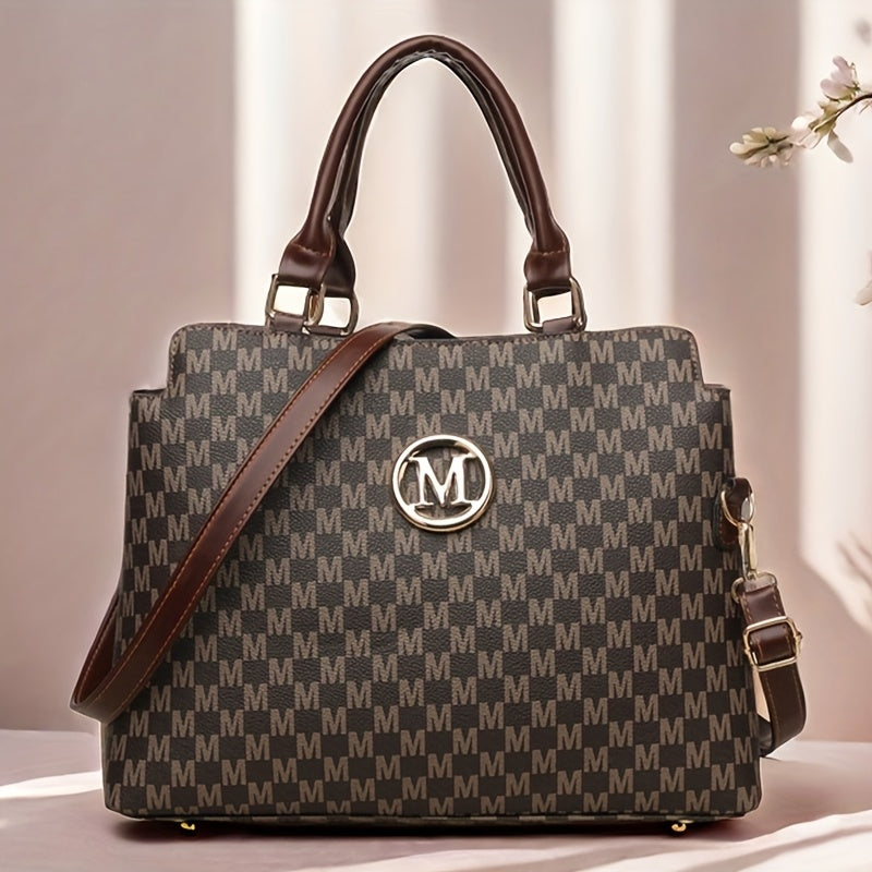 Sac rétro Pied-de-poule femmes blanc et marron logo doré M bandoulière réglable élégant