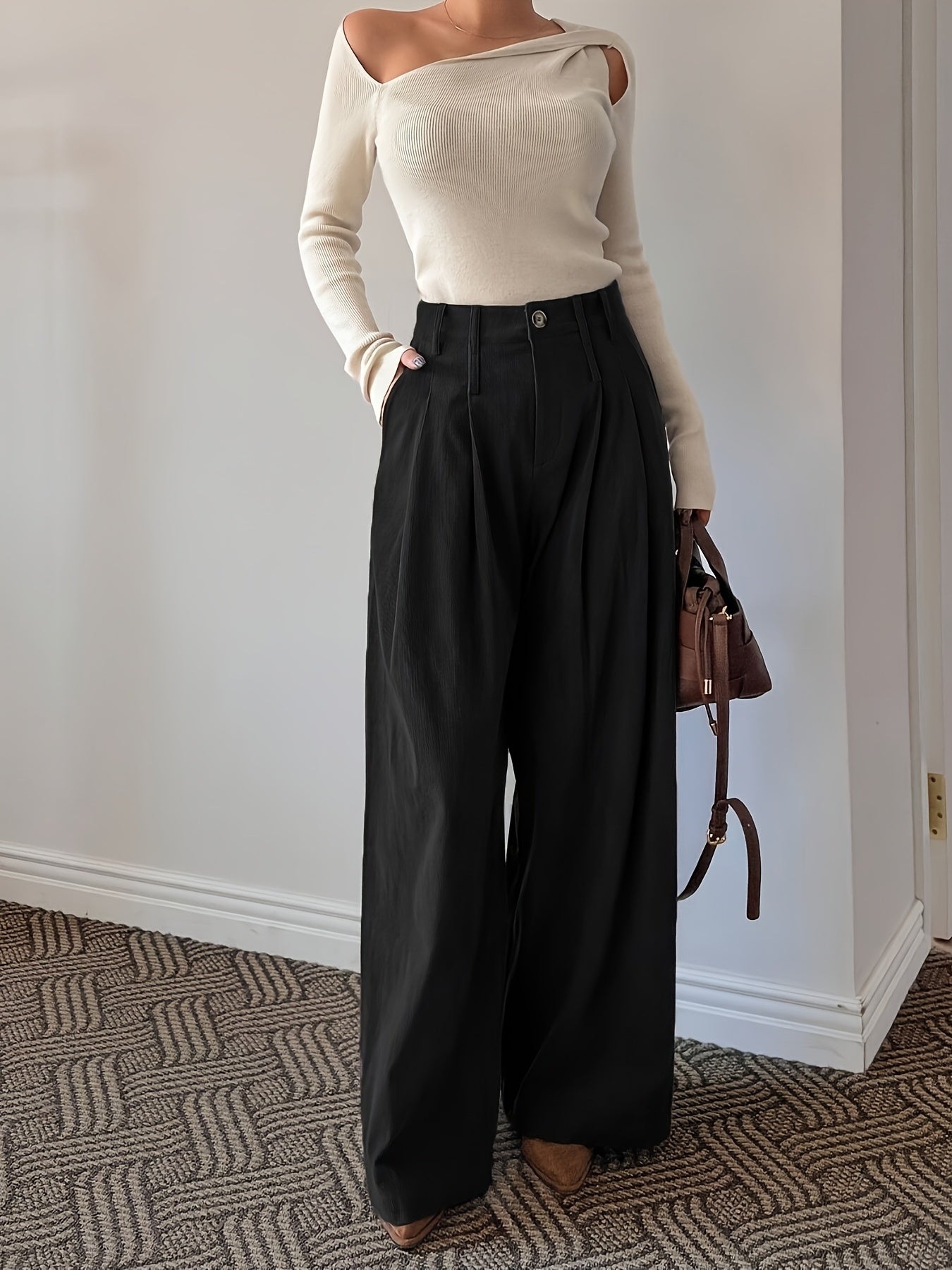 Pantalon Femme Élégant Taille Haute – Jambe Large, Hiver Épais, Boutons, Tissu Non Extensible, Bureau et Décontracté, Automne/Hiver