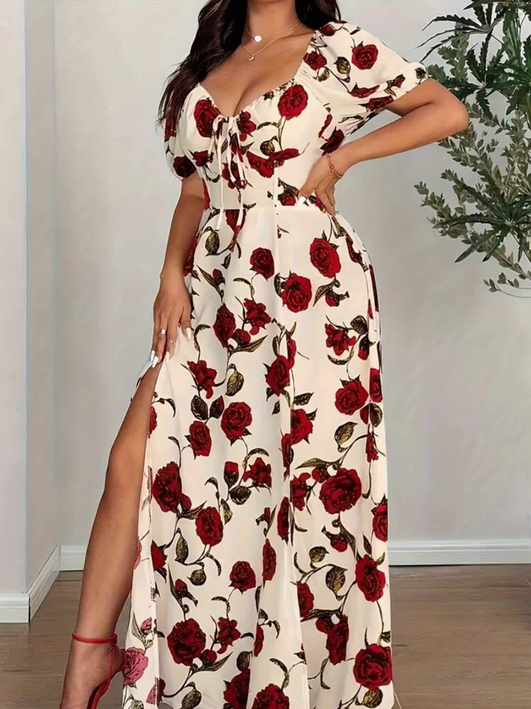 Robe d’été élégante grande taille femme – imprimé rose, épaules dénudées, fente sur le côté