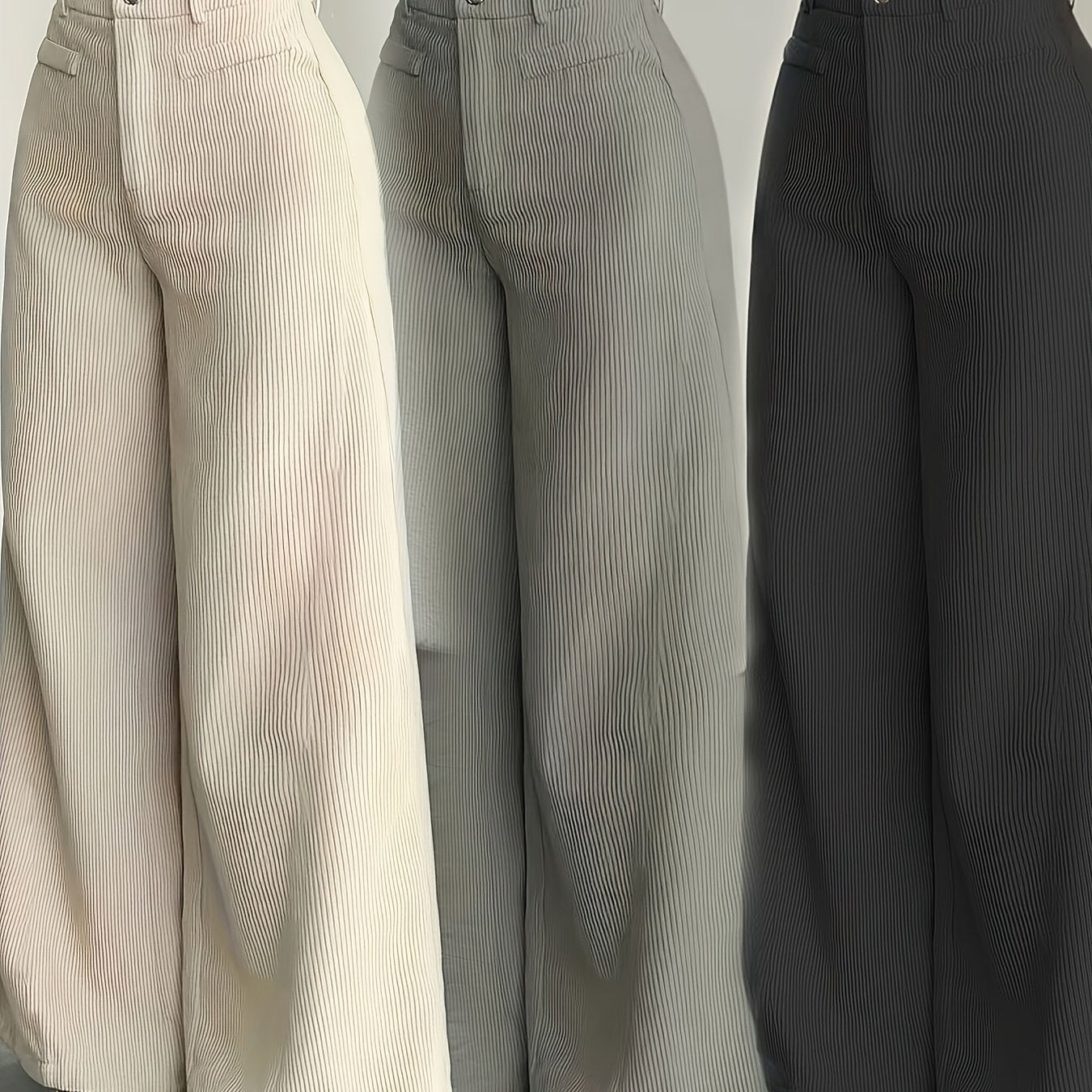 Ensemble trois pièces beige pour femme : pantalon taille haute à jambes larges en velours côtelé