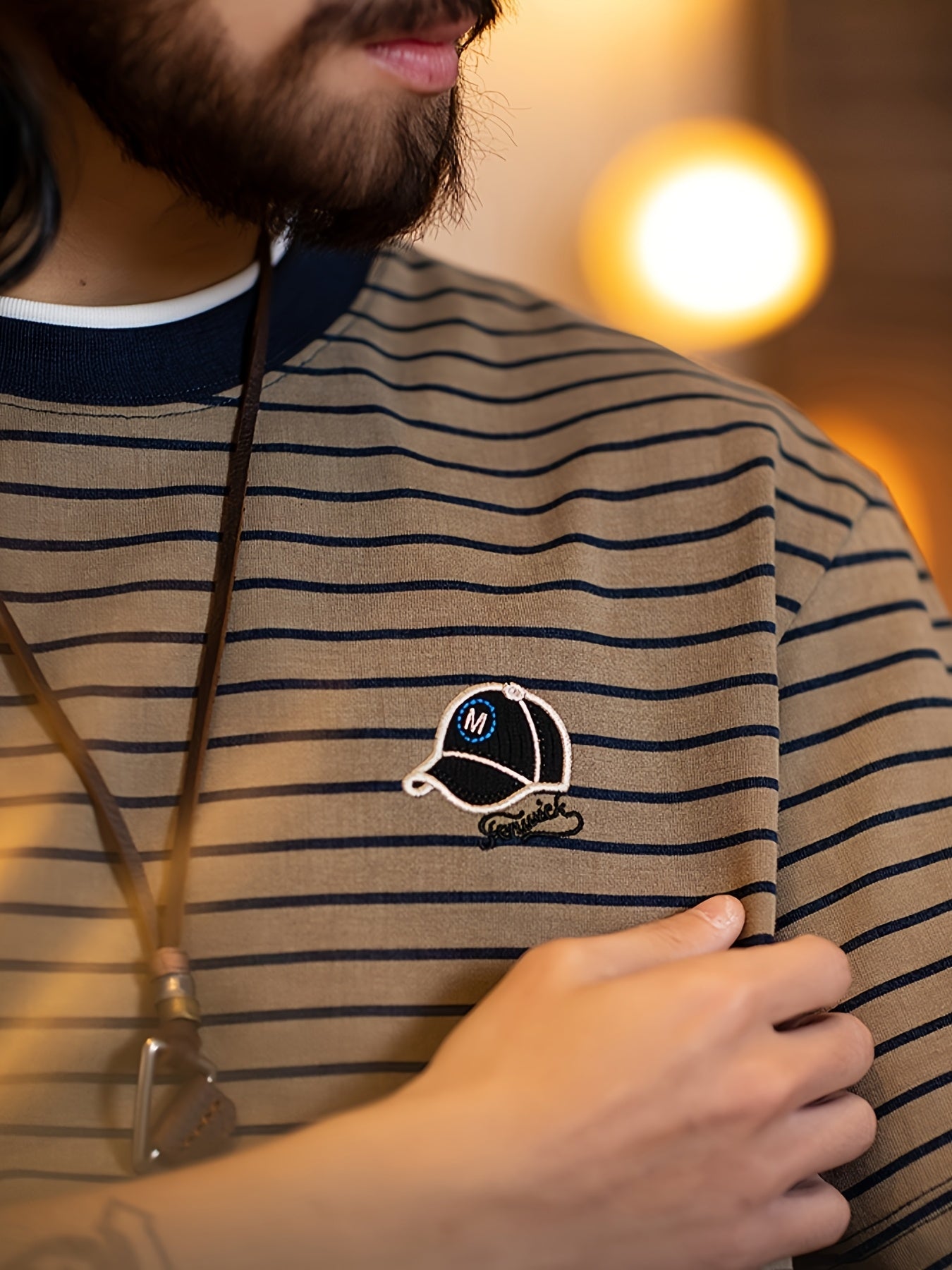 Men&Apos;S Casual Streetwear T-Shirt - Brown & White Striped, Crew Neck, Short Sleeve, Embroidered Logo, Loose Fit, Blend, Casual Summer Top|Striped Tee|Embroidered Detail