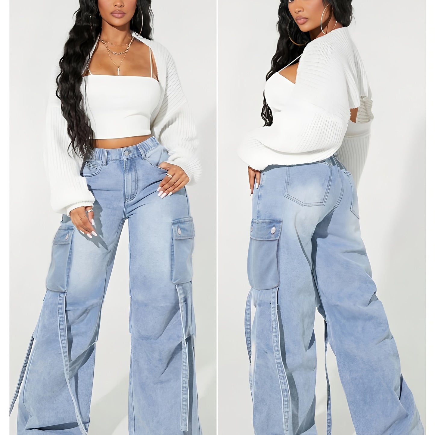 Jeans Cargo Femme Taille Haute – Jambe Large, Extensible, Multiples Poches, Bleu Denim, Style Y2K Streetwear