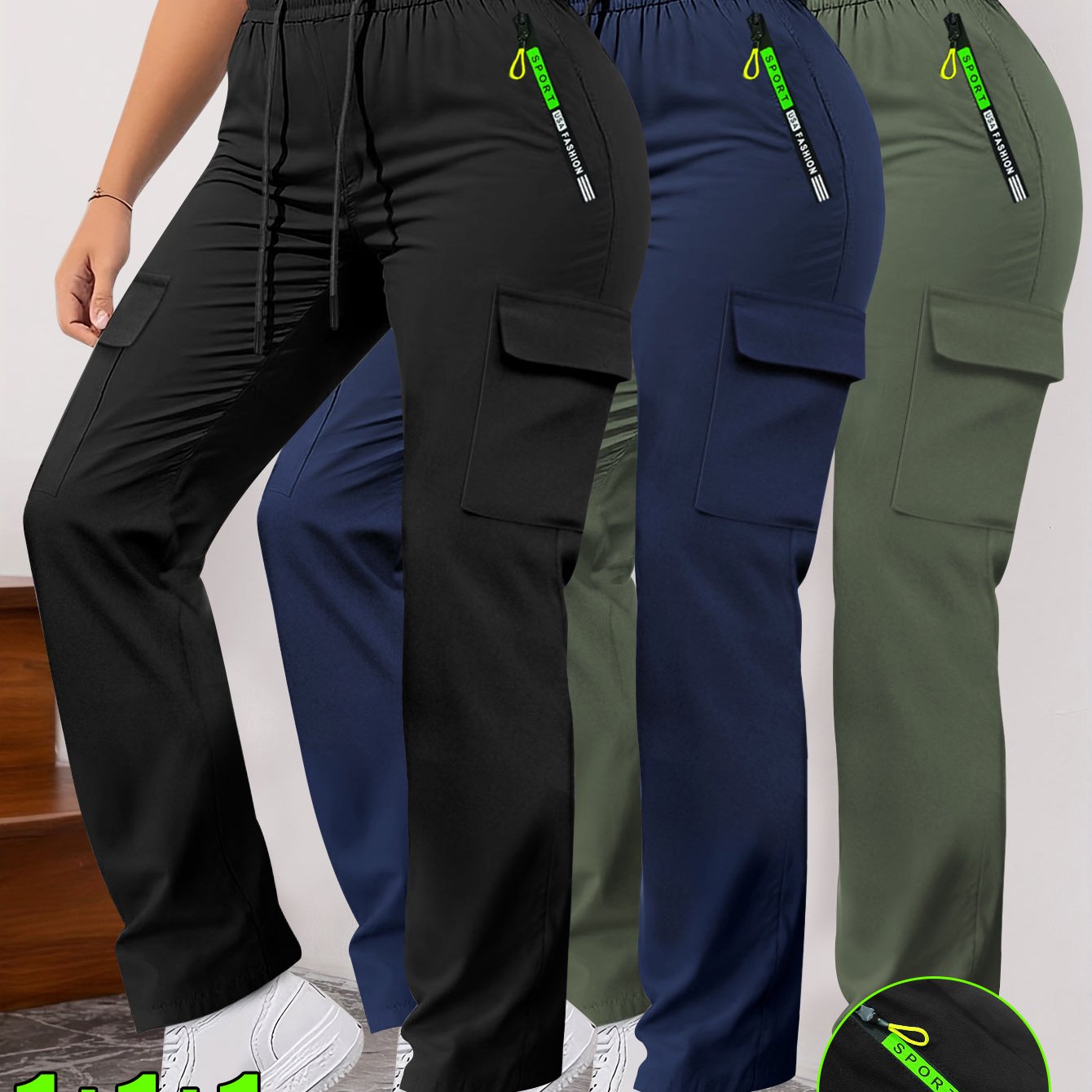 Lot de 3 Pantalons Femme– Poches Zippées et Cargo, Robustes, Sans Extensibilité, Printemps/Automne