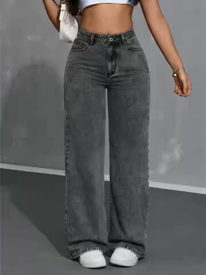 Jeans Femme Taille Haute Vintage Jambe Large Non Transparent Fermeture Zippée Taille Mi-Haute Poches Toute Saison