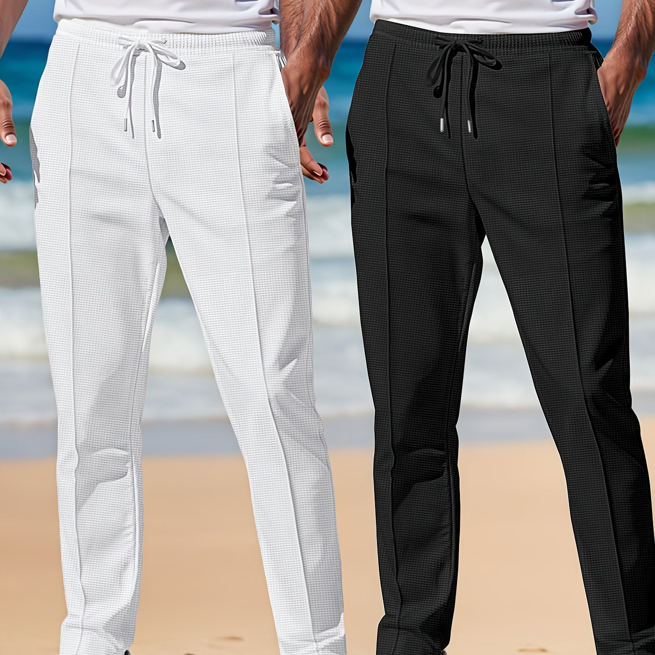 Joggers en tricot gaufré pour homme (2 pièces) – taille élastique avec cordon, pantalons légers et respirants, gris et bleu marine, idéals plage, running, extérieur et usage quotidien