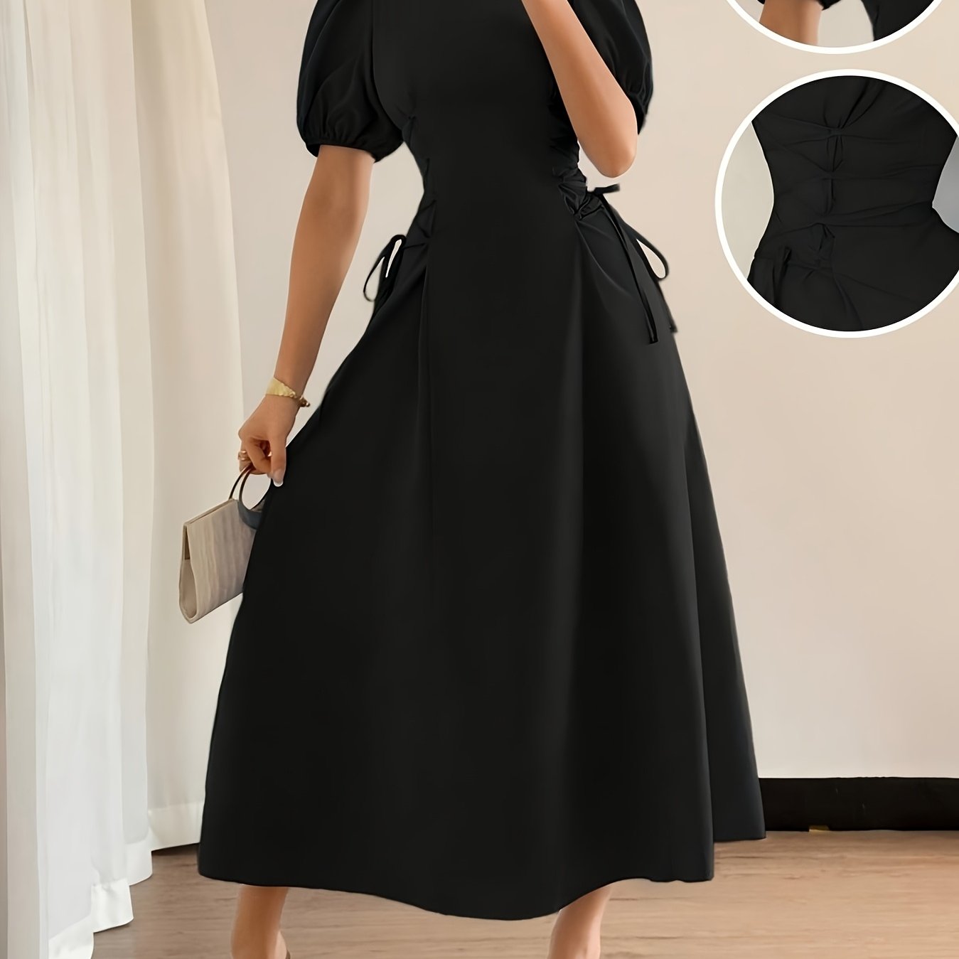 Solid Color Long Dress with Puff Sleeves, Ruffles, and Tie, Suitable for Vacation, Banquet, Party, Formal Wear, and Elegant Dress