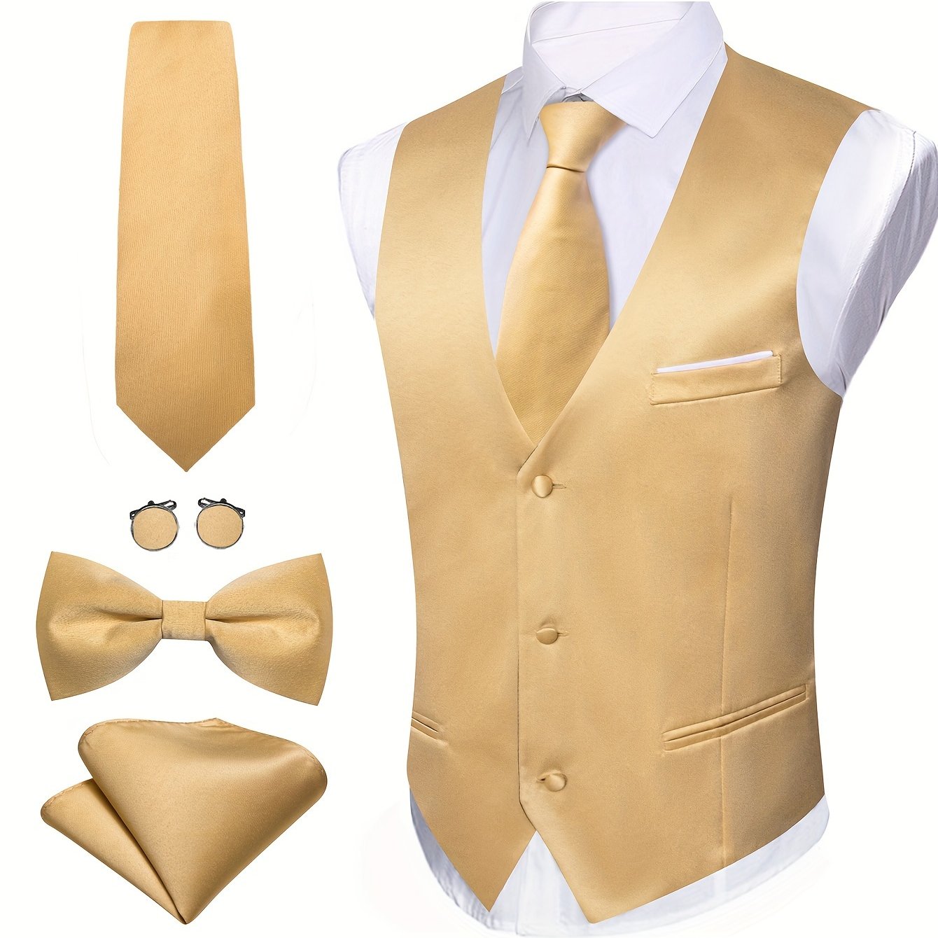 Gilet Homme avec Cravate, Nœud Papillon, Pochette & Boutons de Manchette – Mariage & Fêtes