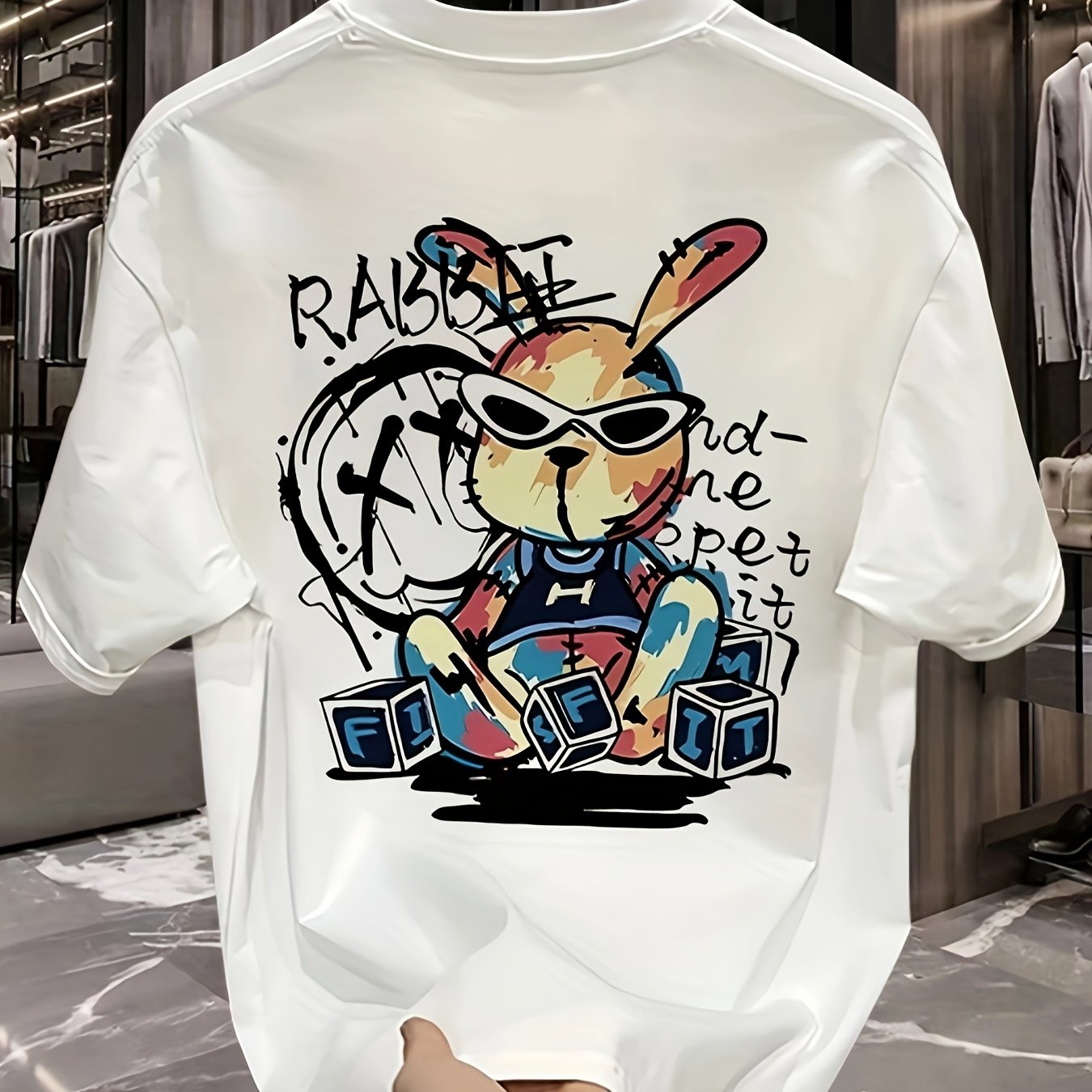 Men's Heavyweight 100% Cotton Oversized T-Shirt with Rabbit & Rave Graphic Print - Loose Fit Casual Summer Tee for Music Festivals, Parties & Casual Attire - Rabbit Rabbit Rave Design (Large Size) - Breathable Round Neck Shor
