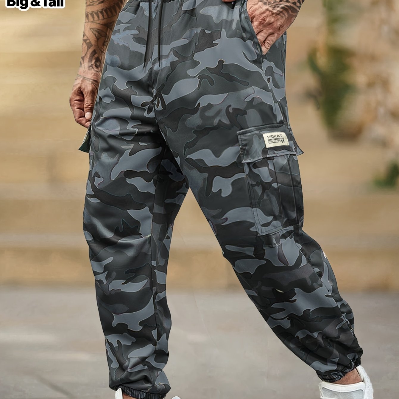 Pantalon camouflage grande taille pour homme – poches à rabat, taille à cordon, cargo outdoor respirant, idéal chasse et tenue décontractée, printemps/automne, coupe régulière