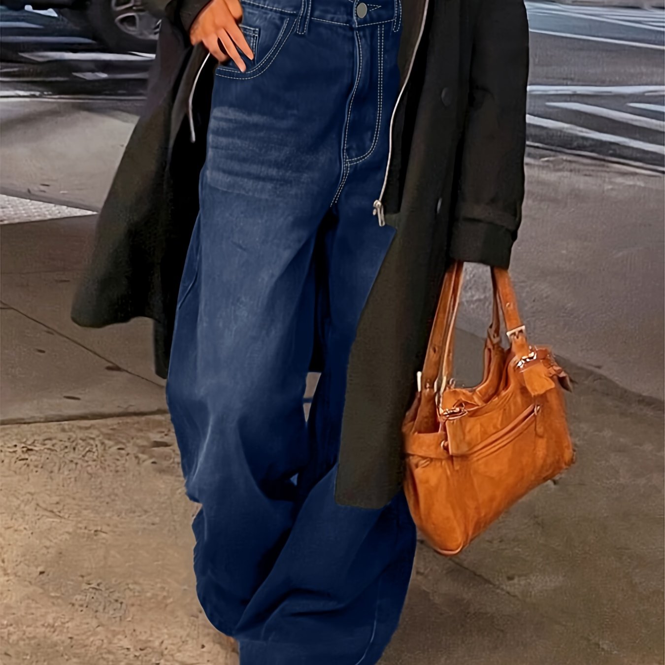 Jeans Femme Style Street Jambe Droite Couleur Unie Rétro Décontracté Longue Toute Saison Non Extensible