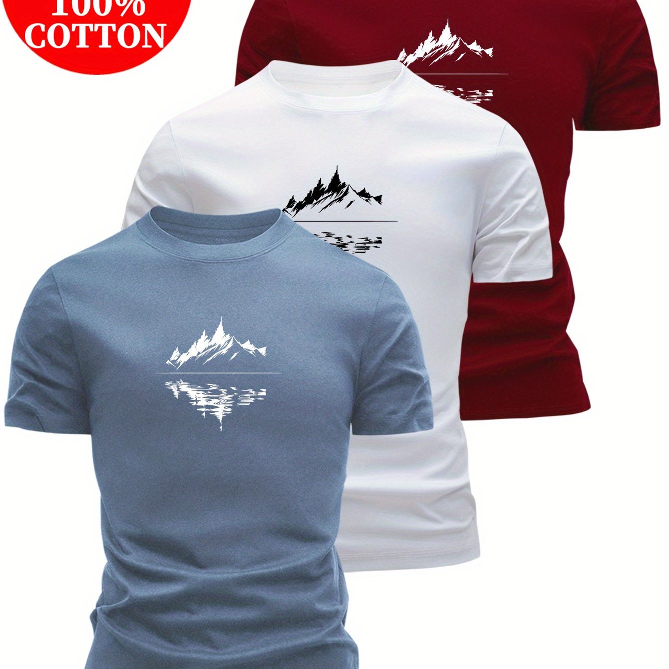 3pcs Men's 100% Cotton T-Shirts with Mountain Landscape Print - Slim Fit Short Sleeve Round Neck Breathable Summer Tees in White, Red, Blue | Casual Outdoor & Casual Attire, Hand Washable, Nature-Inspired Design, Shirts for W