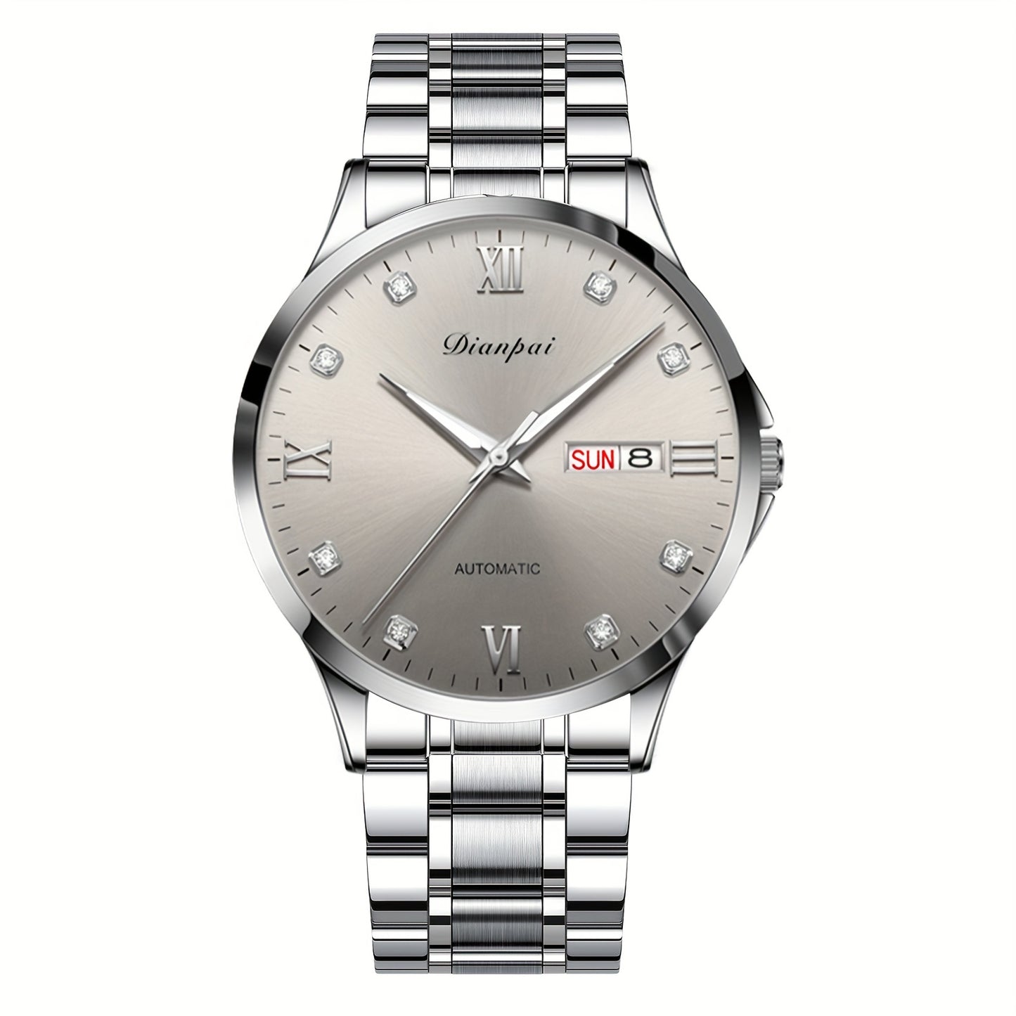 Men's Automatic Mechanical Watch Stainless Steel Luxury Rhinestone-Accented Dial Date Display Business Casual Wristwatch Gift for Him, Bling Watches, Formal Timepiece