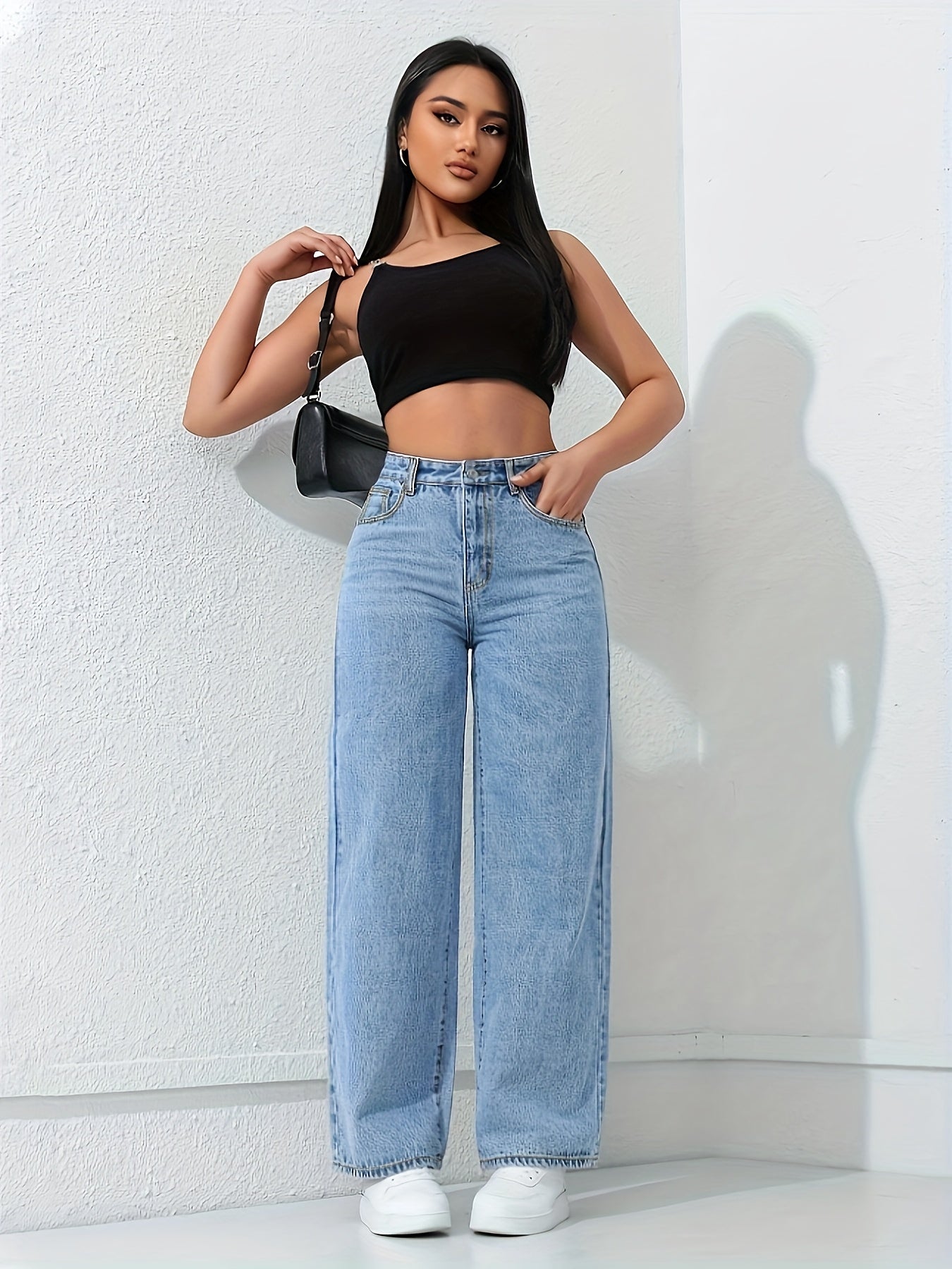 Jeans Femme Décontracté Polyvalent Coupe Ample Jambe Droite