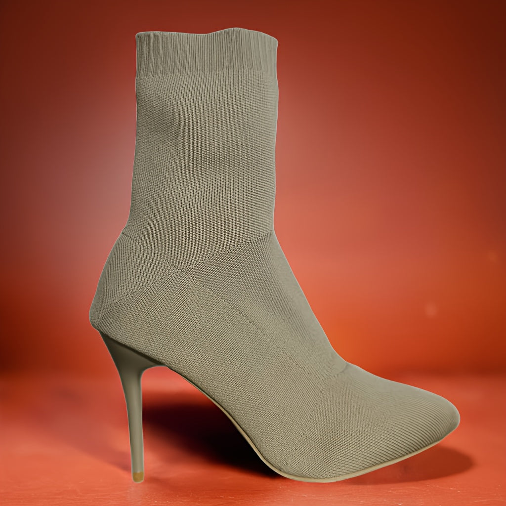 Bottines Femme Rétro Classiques – Tricot Noir, Confortables et Élégantes, Talon Haut Marron Foncé ou Noir, Slip-On Élastique, Adaptées à Tous Types de Morphologie, Style Européen et Américain Simple