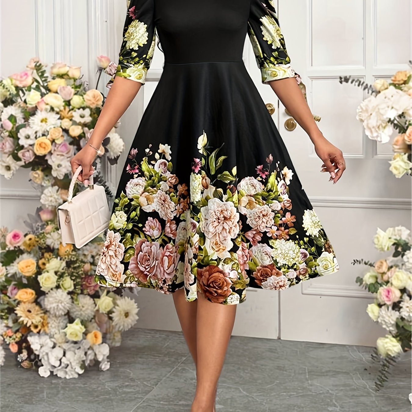 Summer Elegant Directional Style Floral Print Round Neck Bubble Short Sleeve Bow Women'S A-Line Dress