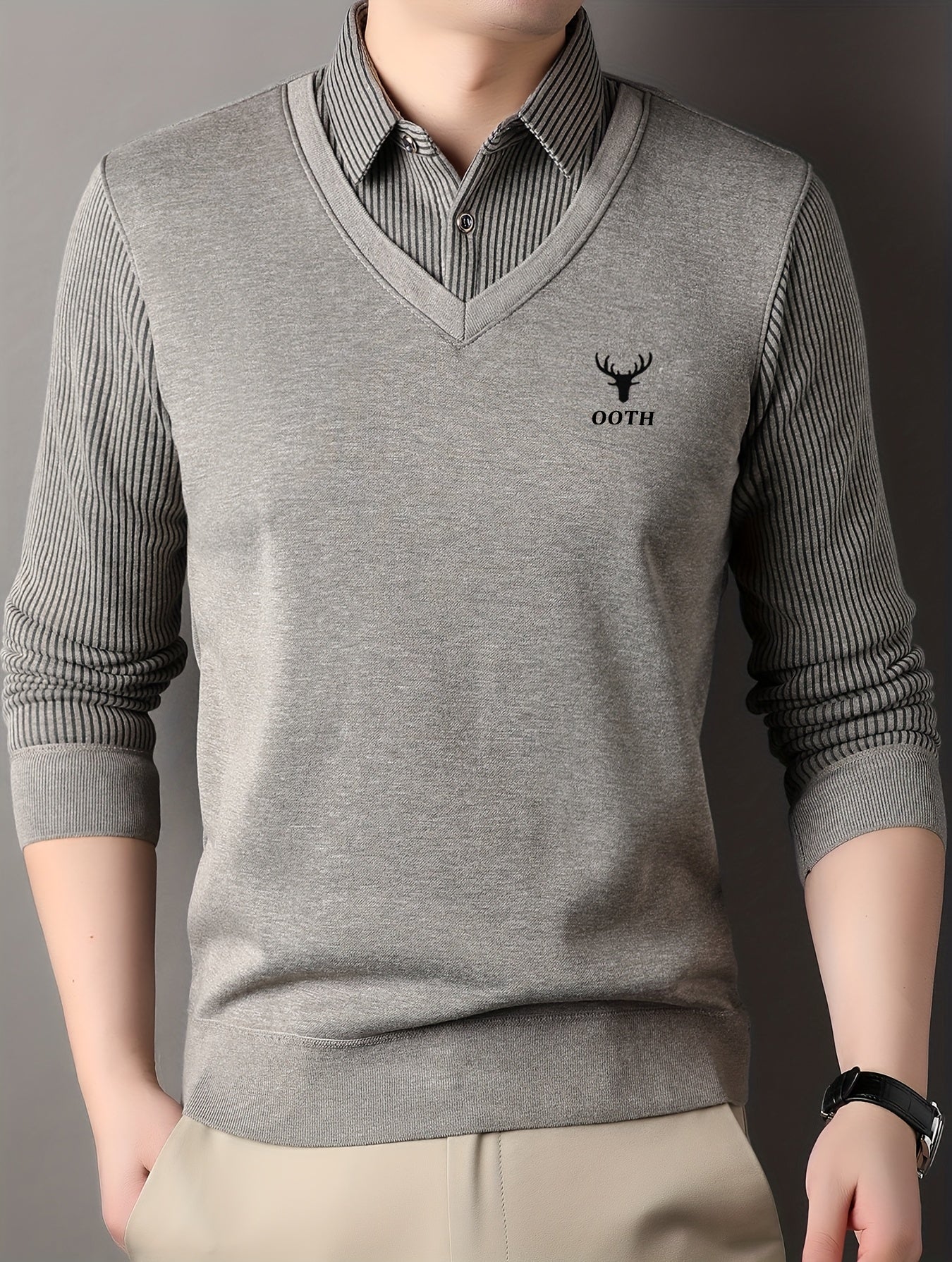 Men'S Spring And Autumn Thin Fake Two-Piece Lapel Button Long-Sleeved Knitted Pullover, Chest Embroidery, Button Placket, Suitable for Daily Commuting, Travel And Office And Other Scenes, Is The First Choice for Gifts