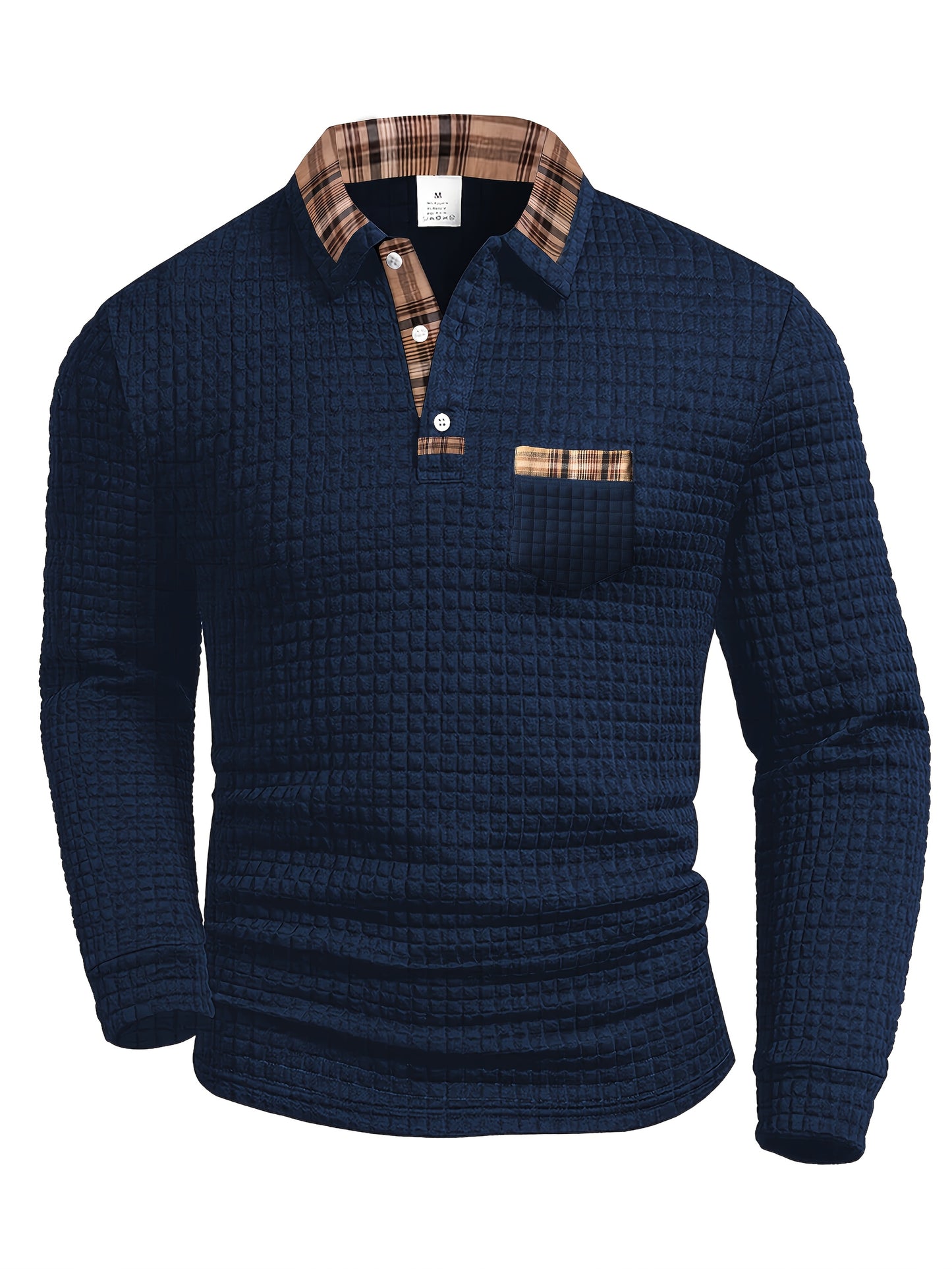 Men'S Casual Warm Long Sleeve Polo Shirt - Gray with Brown & White Plaid Collar, Button-Up Front, Textured Waffle Weave, Perfect for Fall, Casual Wear|Plaid Pattern Shirt|Buttonup Collar Shirt