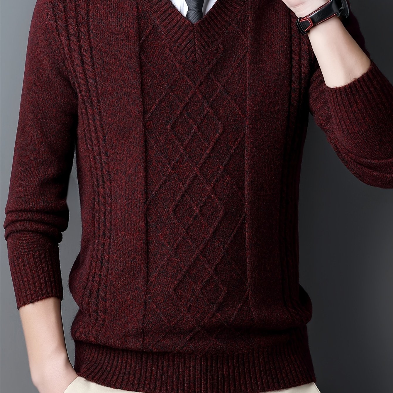 New Men's Knit Sweater with Twisted Floral V-Neck Long Sleeve Casual Top
