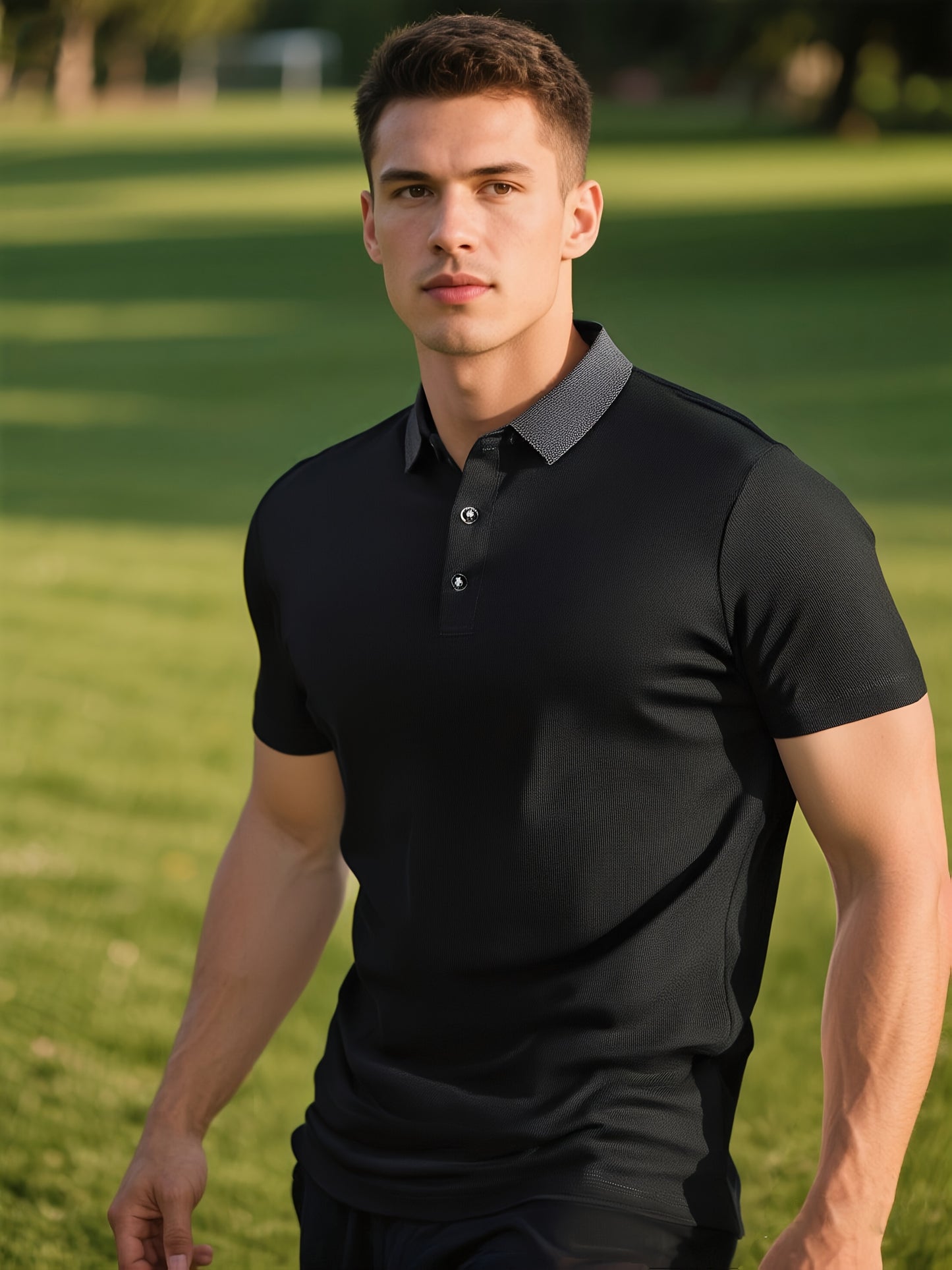 4pcs Men'S Summer Short Sleeve Shirt - Breathable Knit Fabric, Solid Color (Black, White, Navy Blue, Grey) | Regular Fit Casual Golf & Sports Wear with Button-Up Collar, 140gsm