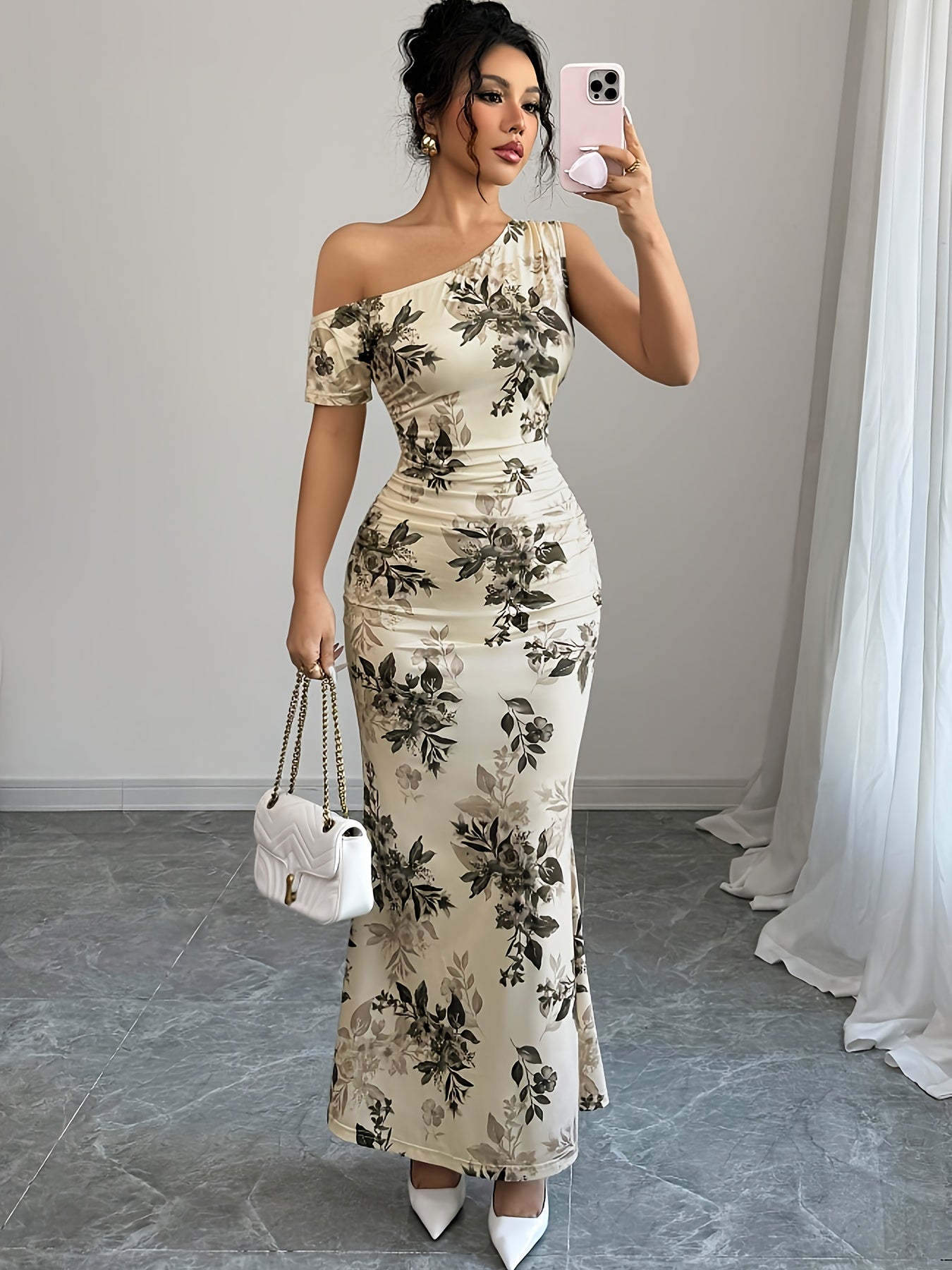 Women's Floral Print Asymmetrical Shoulder Ruffle Design Mermaid Hem Elegant and Delicate Party Date Dress