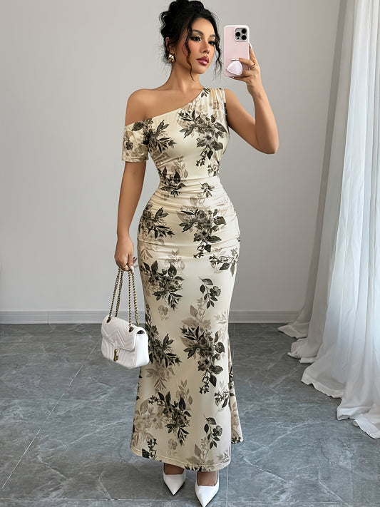Women's Floral Print Asymmetrical Shoulder Ruffle Design Mermaid Hem Elegant and Delicate Party Date Dress