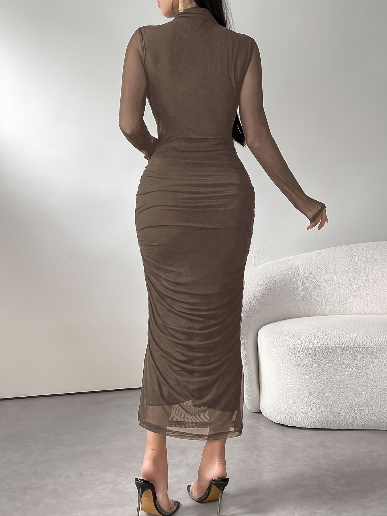 Elegant Dress with Long Sleeves, Stand Collar, And Mesh Ruffles