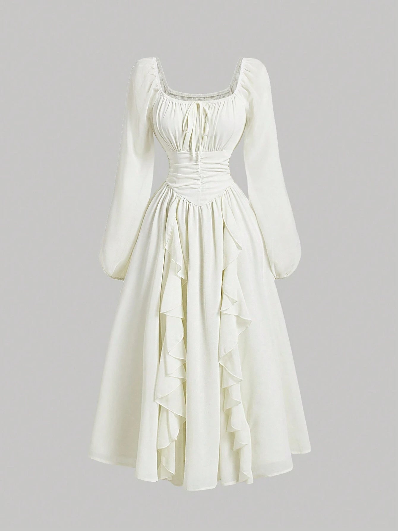 Robe élégante, moderne et raffinée, avec manches lanternes à volants et taille cintrée
