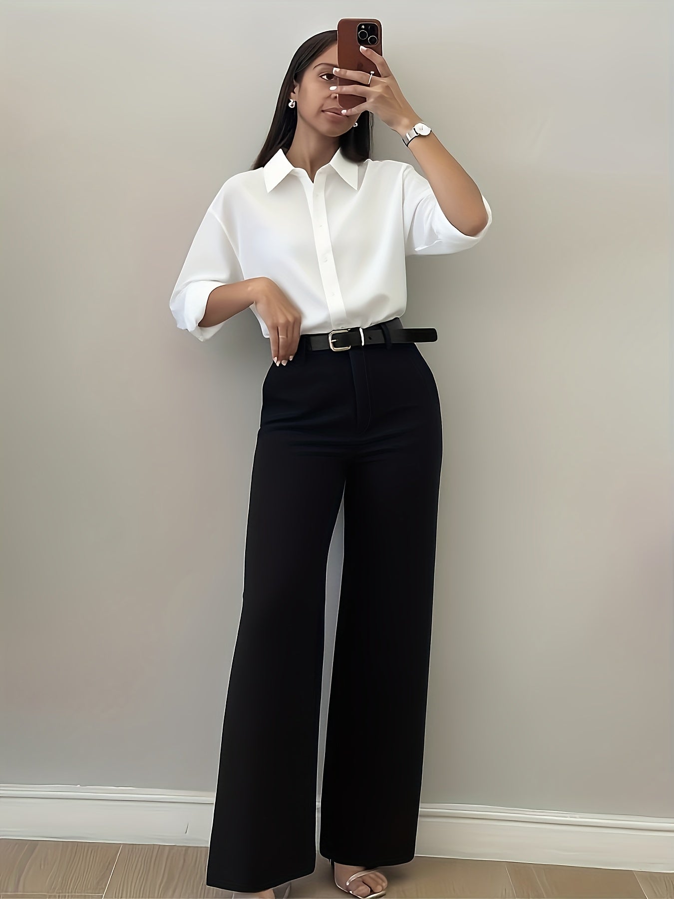 Pantalon Femme Élégant Jambe Large Effilée – Couleur Unie Marron/Noir, Poches, Bureau, Semi-Formel et Soirée, Printemps/Été/Automne