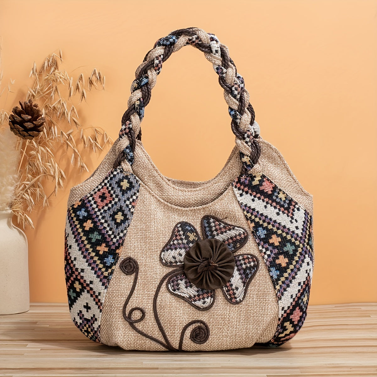 Sac fourre-tout vintage brodé floral – style ethnique rétro, sac hobo bohème décontracté pour femmes