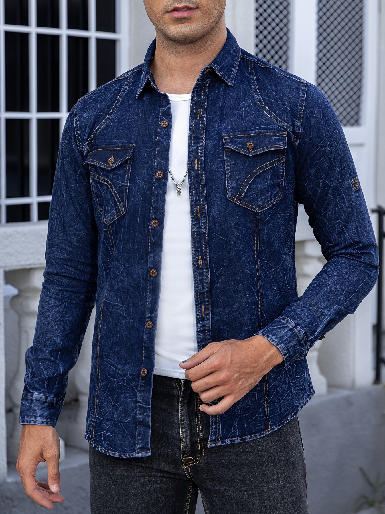 Gengyuan'S Features a Trendy Deep Blue Tie-Dye Denim Shirt for Men.