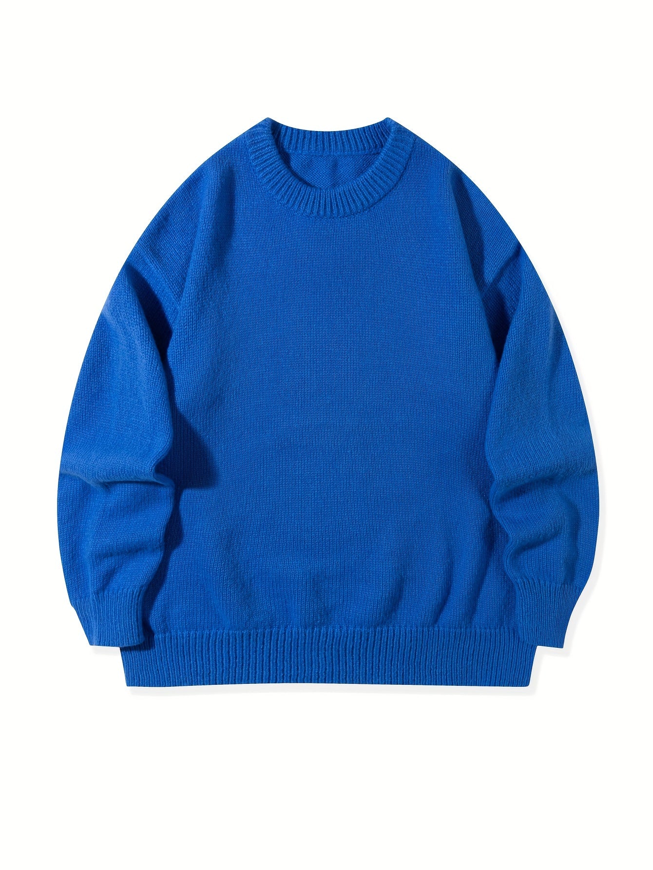 Unisex Casual Knit Sweater - Loose Fit, Long Sleeve, Round Neck, Solid Color Blue, Perfect for Fall/Winter Fashion, Essential for Casual Attire, Ribbed Texture, Machine Washable, Ribbed Sweate