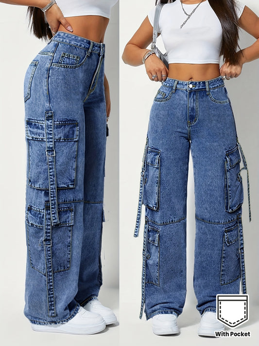 Jeans de travail extensibles taille haute pour femme grande taille – Pantalon cargo large, passants pour ceinture, poches multiples, fermeture à boutons, bleu résistant