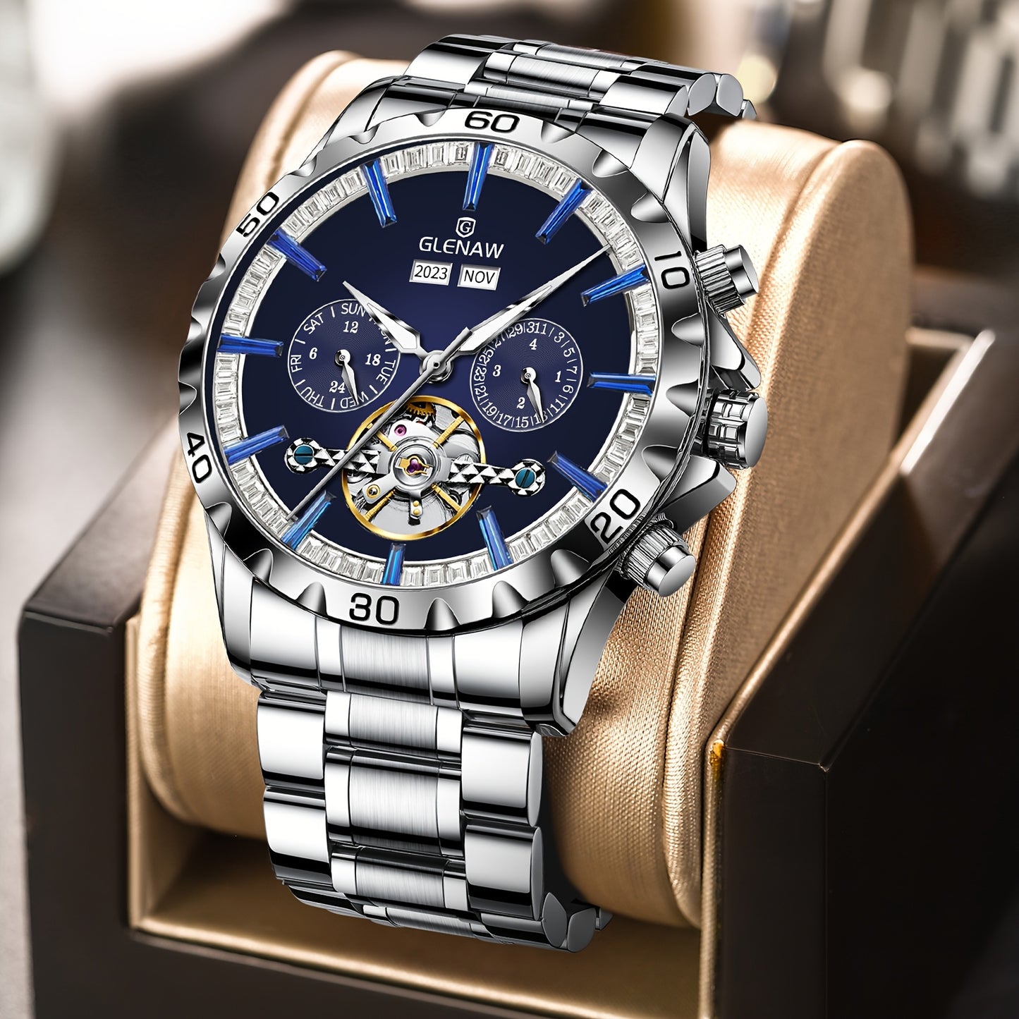 GLENAW Men's Automatic Mechanical Watch - Luxury Blue Dial with Golden accents, Date Display, Elegant Watch for Formal & Casual Attire - Ideal Gift for Men, Stylish Wristwatch, Sophisticated Timepiece, Highend Craftsmanship