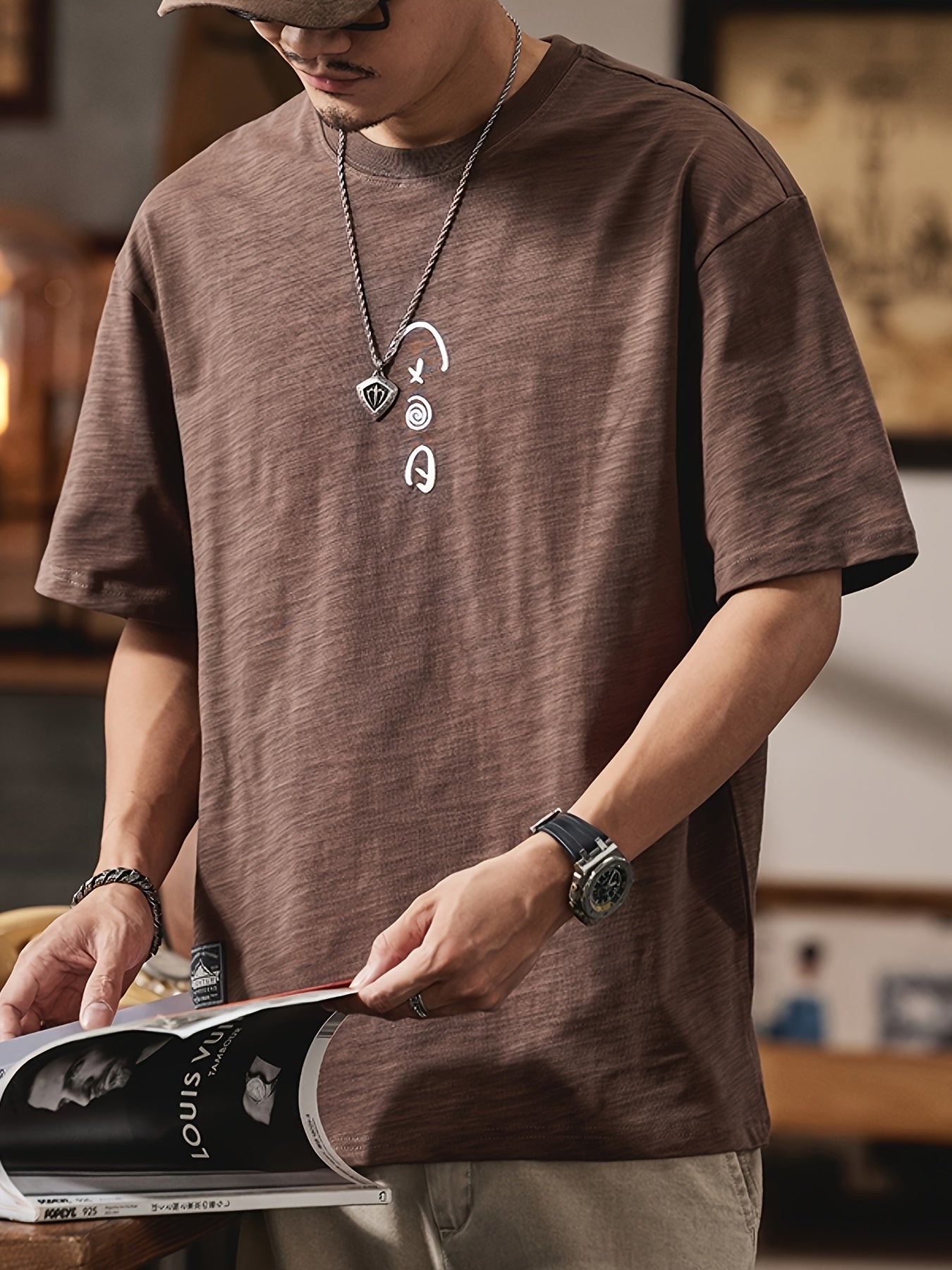 Men's Heavyweight 100% Cotton Oversized T-Shirt with Music Note & Headphone Graphic Chest Print - Breathable Summer Casual Round Neck Long Sleeve Loose Fit Tee for Casual Attire, Music Events & Lounge Outfits