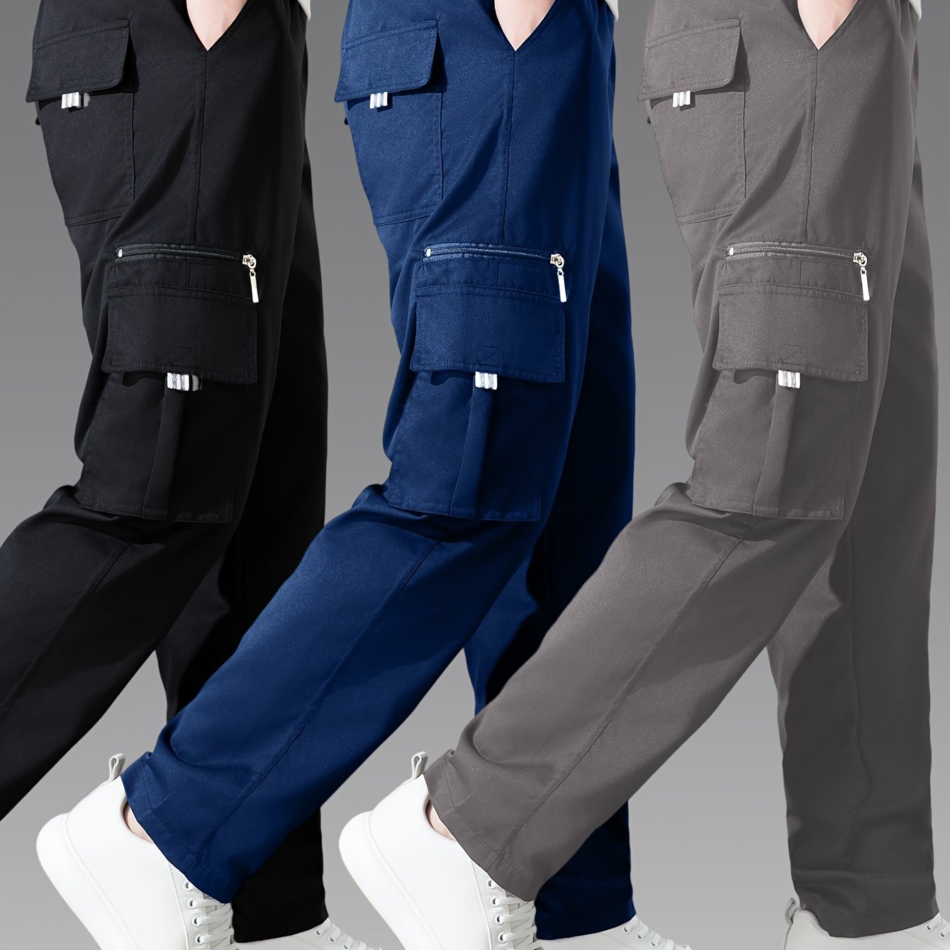 3pcs Pantalons Cargo Homme – Casual, Multipoches, Jambe Droite, Polyester, Regular Fit