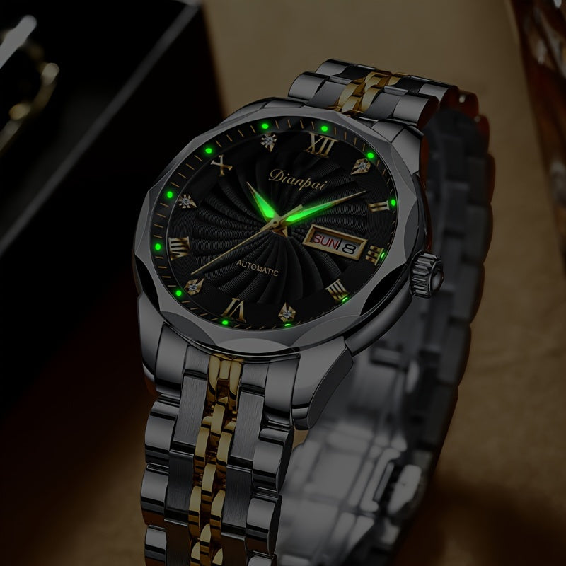 Men's Automatic Mechanical Watch with Luminous Dial, Waterproof, Roman Numerals & Date/Day Display, Golden-Tone Steel Band, Accents - Fashionable Dress Watch for Everyday & Formal Wear, Bling Watch, Formal Timepiece B