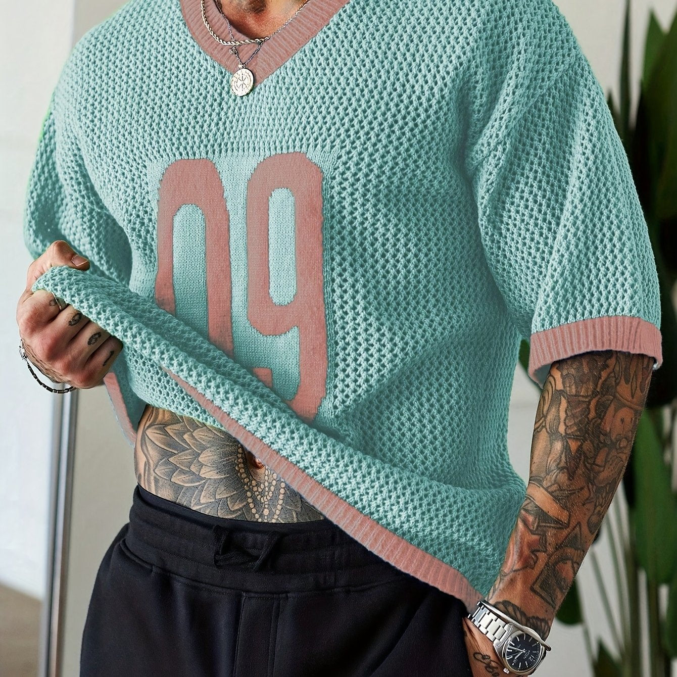 Men's Street Style Contrast Color V-Neck Numeral Print Raglan Knitted Pullover Men Jersey Knit Top Men Men Vacation Men Knit Tops Men Jersey