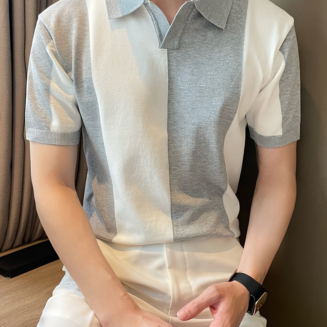 Men'S Casual Short-Sleeve Striped Color-Blocked Knit Polo, a Stylish And Sporty Top Suitable for Summer Golf And Business Attire.