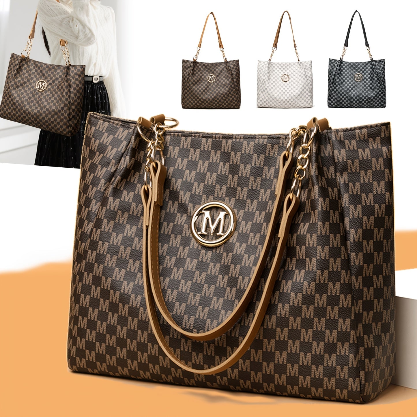Sac Cabas Femme Élégant et Classique à Monogramme « M » – Grande Capacité, Cuir Synthétique avec Détails Marron, Bandoulières Fixes et Quincaillerie Dorée, Fermeture Éclair, Parfait pour le Travail, Déplacements et Shopping