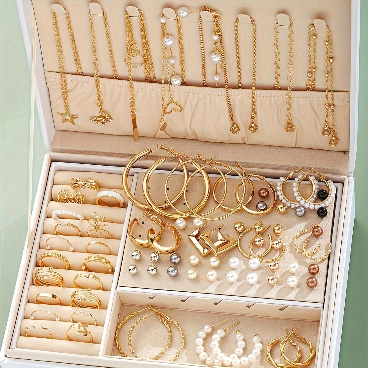Ensemble de bijoux femme 91 ou 114 pièces, boucles d’oreilles créoles minimalistes en métal, bagues à fleurs ajourées, strass, papillons, perles imitation, collier pendentif et bracelet perlé, style tendance et luxueux