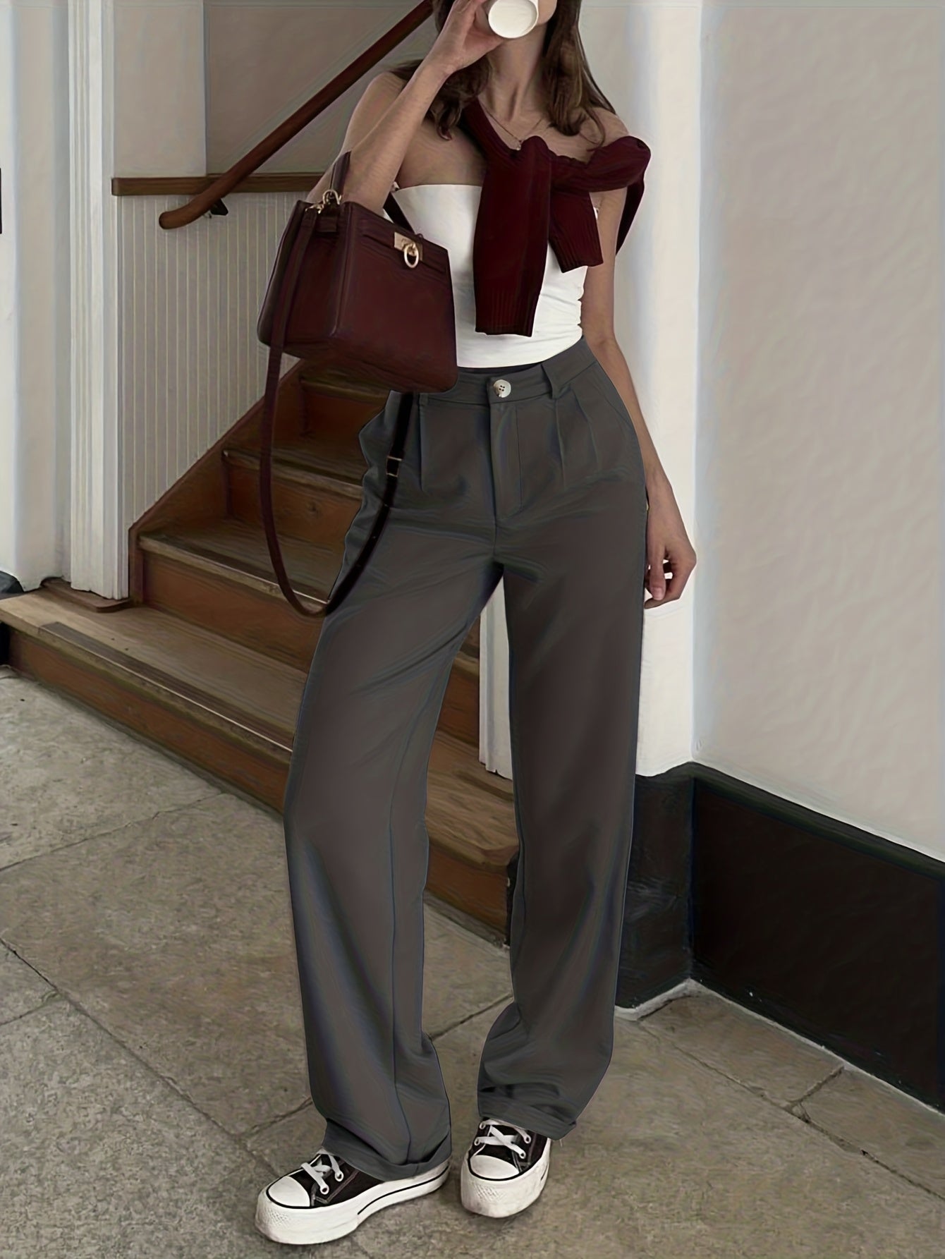 Pantalon Femme Élégant Taille Haute – Jambe Large, Sans Ceinture, Tous Saisons, Pour Blazer et Tenues Formelles