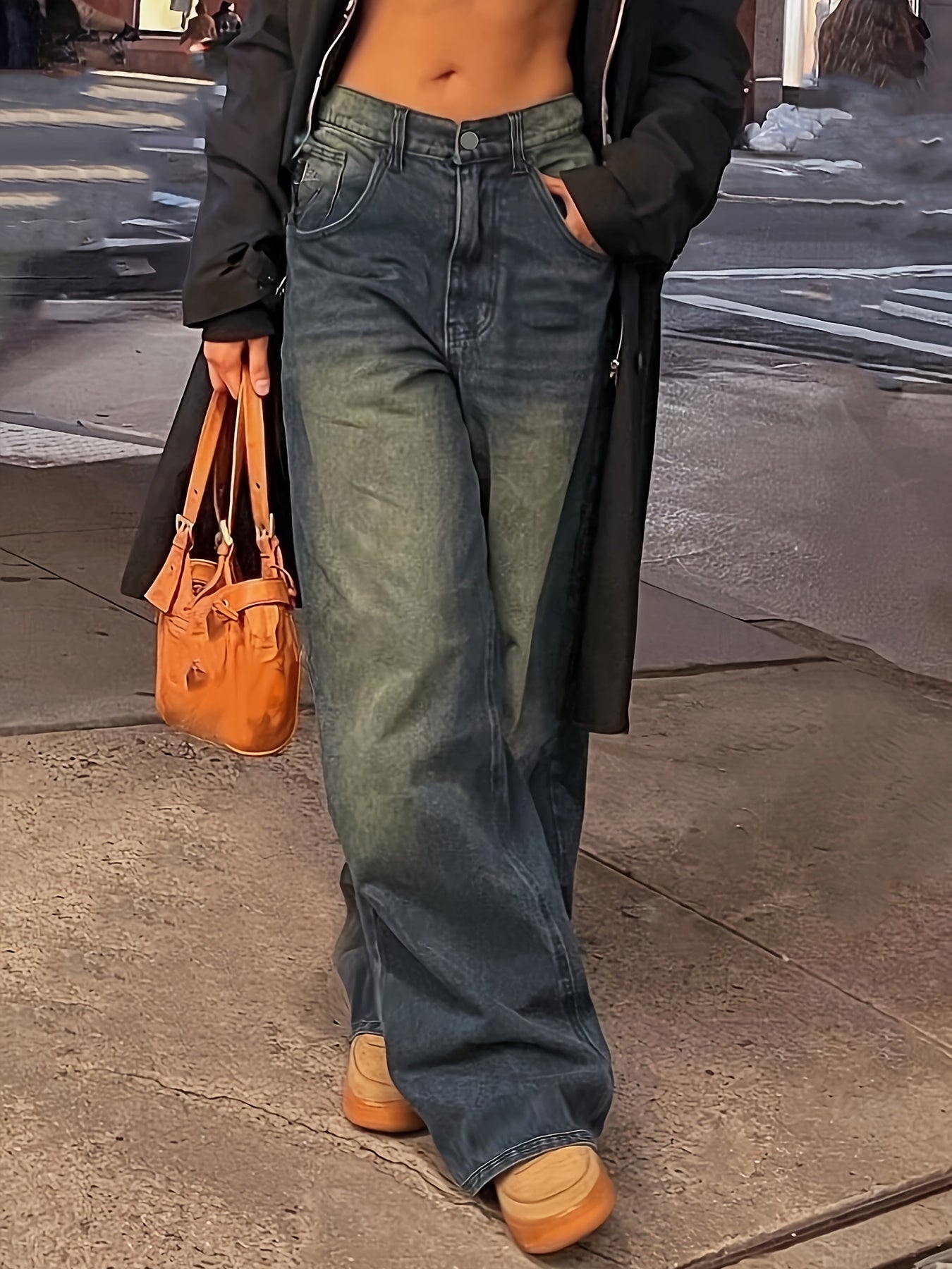 Jeans Femme Style Street Jambe Droite Couleur Unie Rétro Décontracté Longue Toute Saison Non Extensible