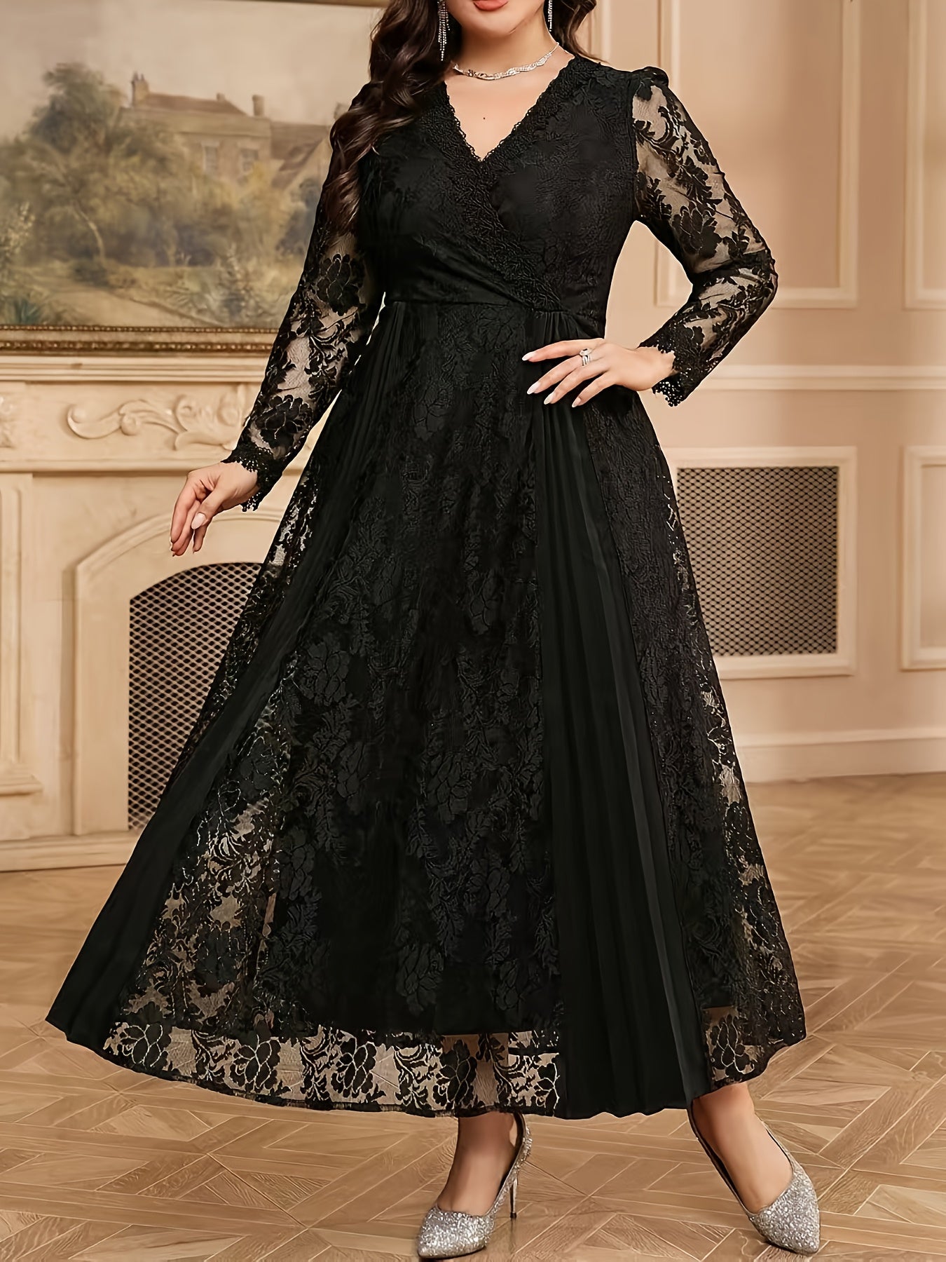 Plus Size - An Elegant Plus-Size Solid Color V-Neck Lace Long-Sleeve Dress, Featuring a Pleated Hem Design, Stylish And Graceful, Suitable for Banquets, Weddings, Parties, Celebrations, And Dates.