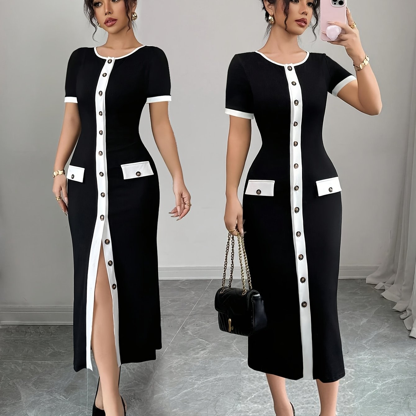 Elegant Casual Front Button Western Color-Trimmed Women's Dress