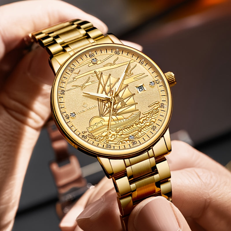 Battery-Free Men's Automatic Mechanical Watch, Smooth Sailing Series, All-Golden Noble Men's Wristwatch, Suitable as a Gift for Family, Partner, and Friends, Formal Accessory, Stylish Timepiece, Classic Watch, Elegant Timepie