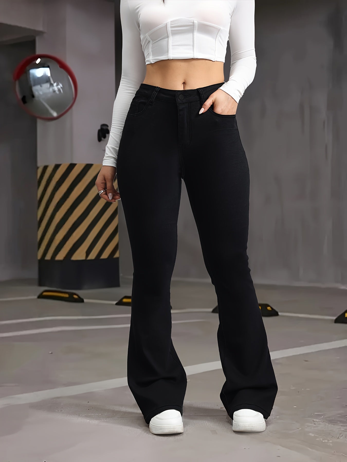 Jeans Femme Taille Haute Évasé Extensible Slim-Fit Grande Taille Détail Ourlet Brut Confortable Stylé Toute Saison Décontracté